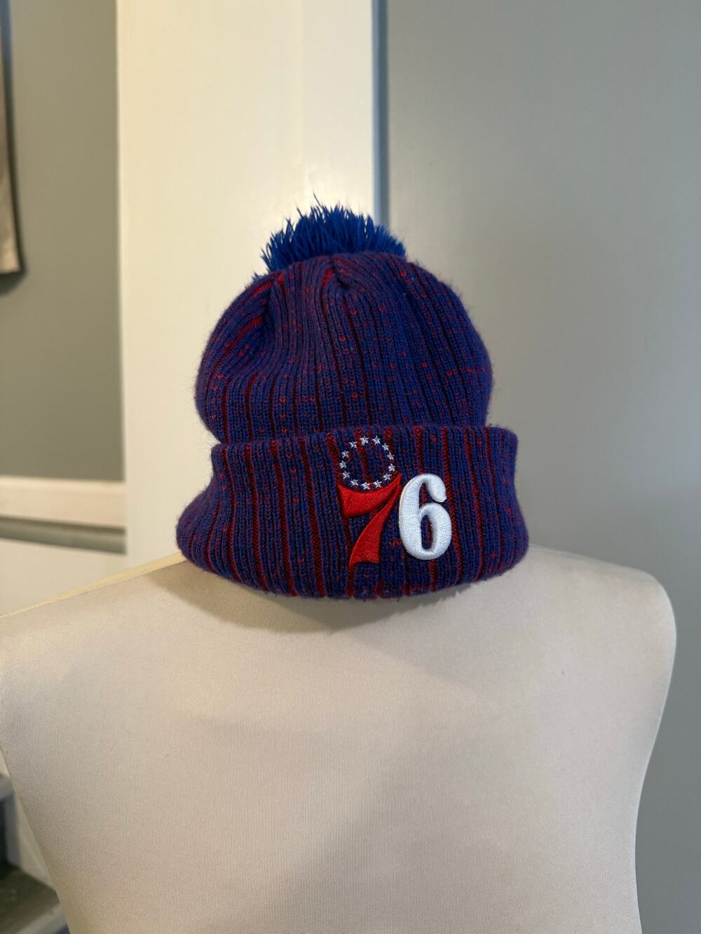 Philadelphia 76ers New Era Pom Pom Beanie Hat Blue Red NBA Cuffed Knit